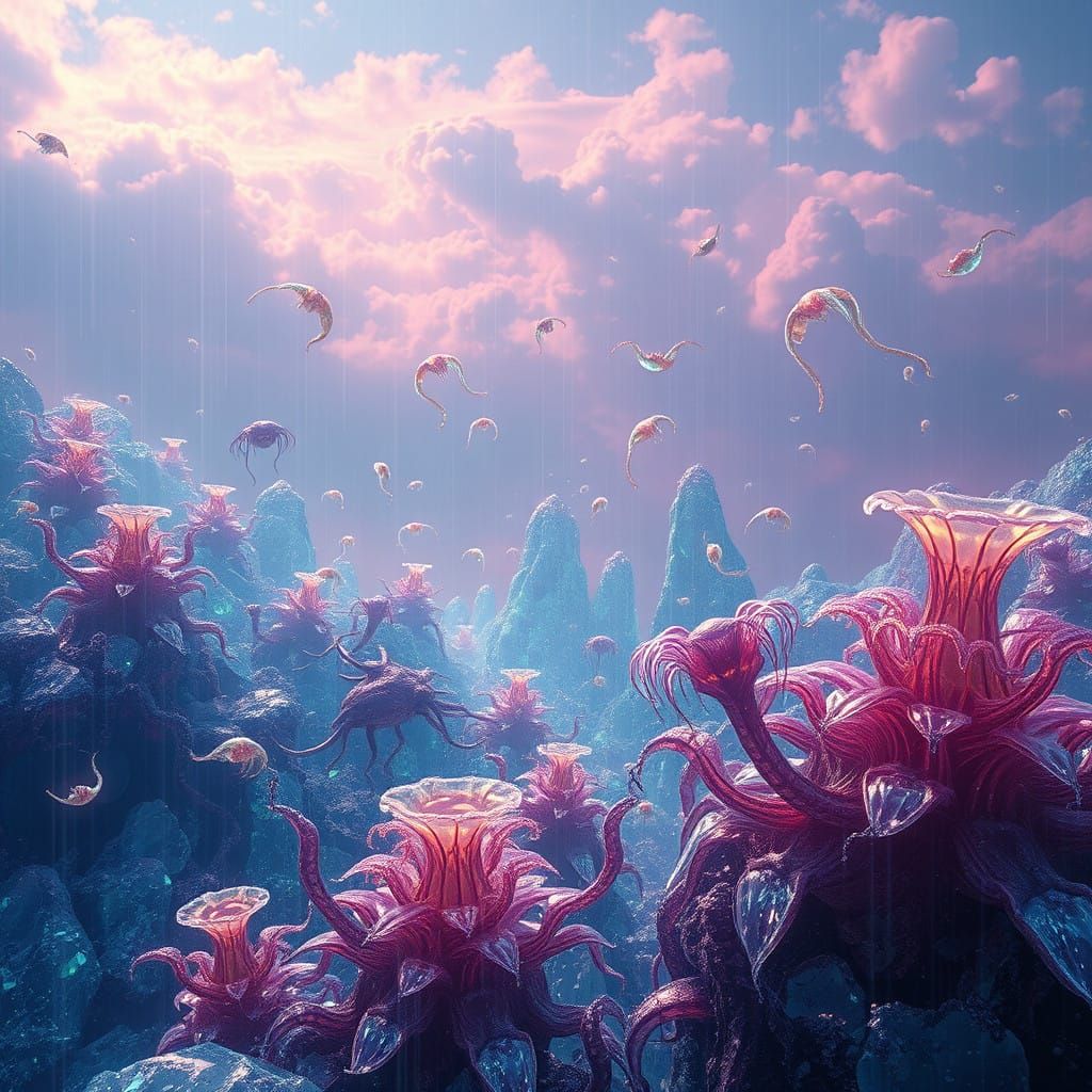 Surreal Crystal Planet with Iridescent Plants and Glowing Cr...