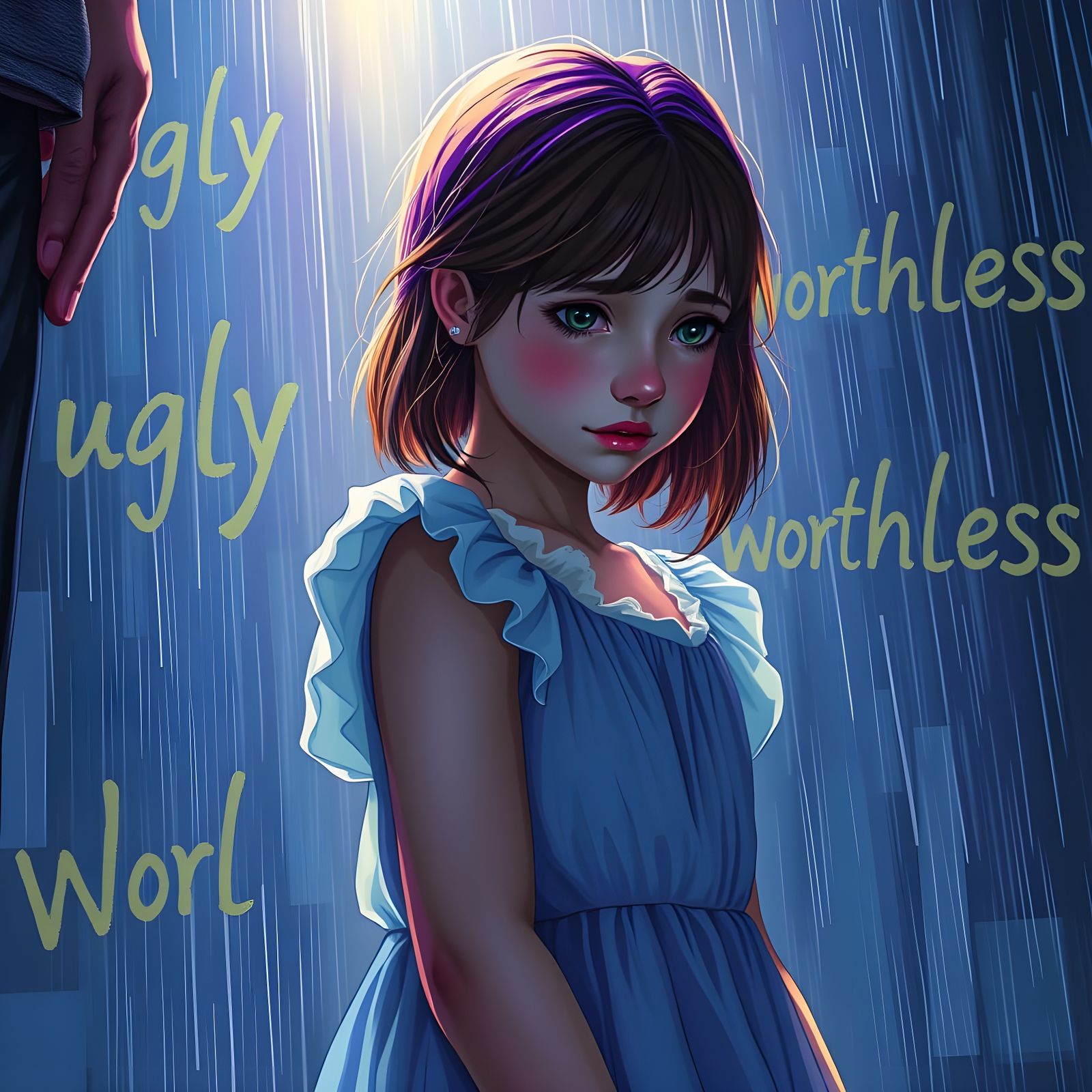 Depressed Teen Girl in Rain: Dark Fantasy Art