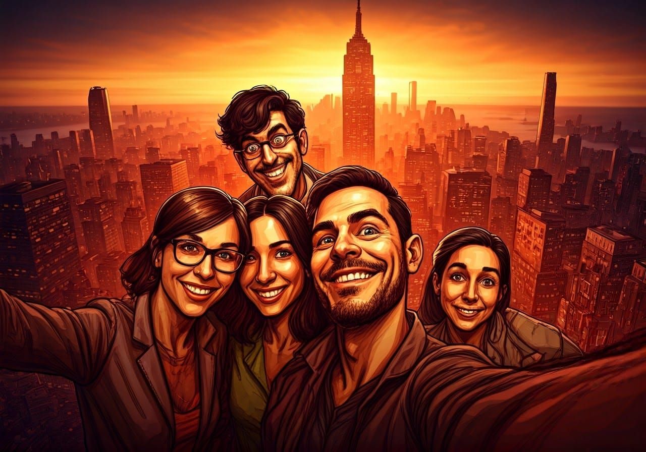 Friends' Selfie, Cheeky Photobomb in Hirschfeld Style