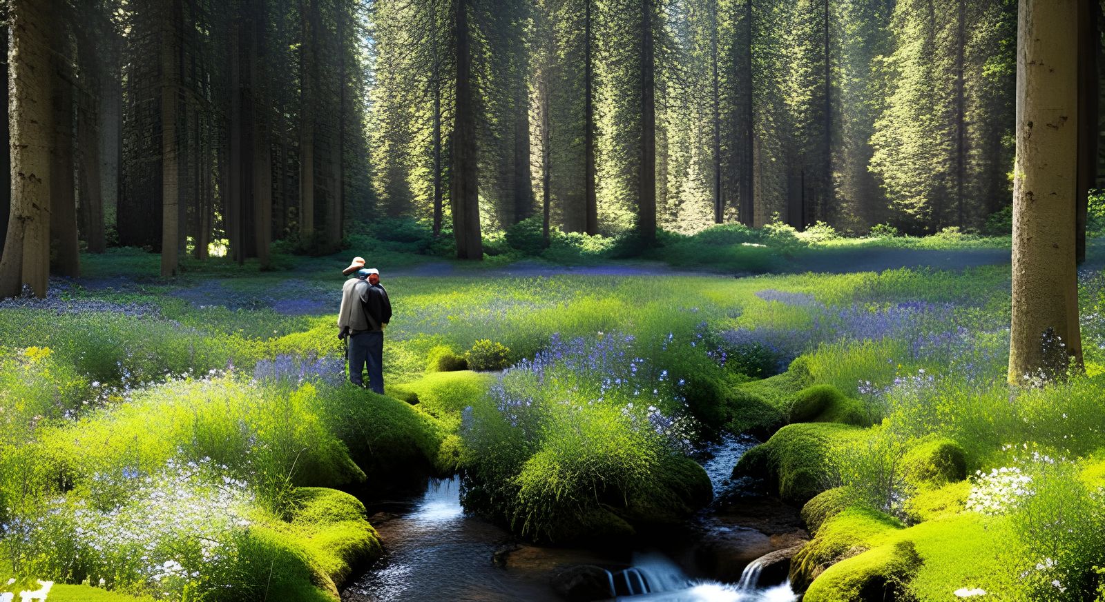 Sunlit Glade with Wildflowers and Majestic Trees