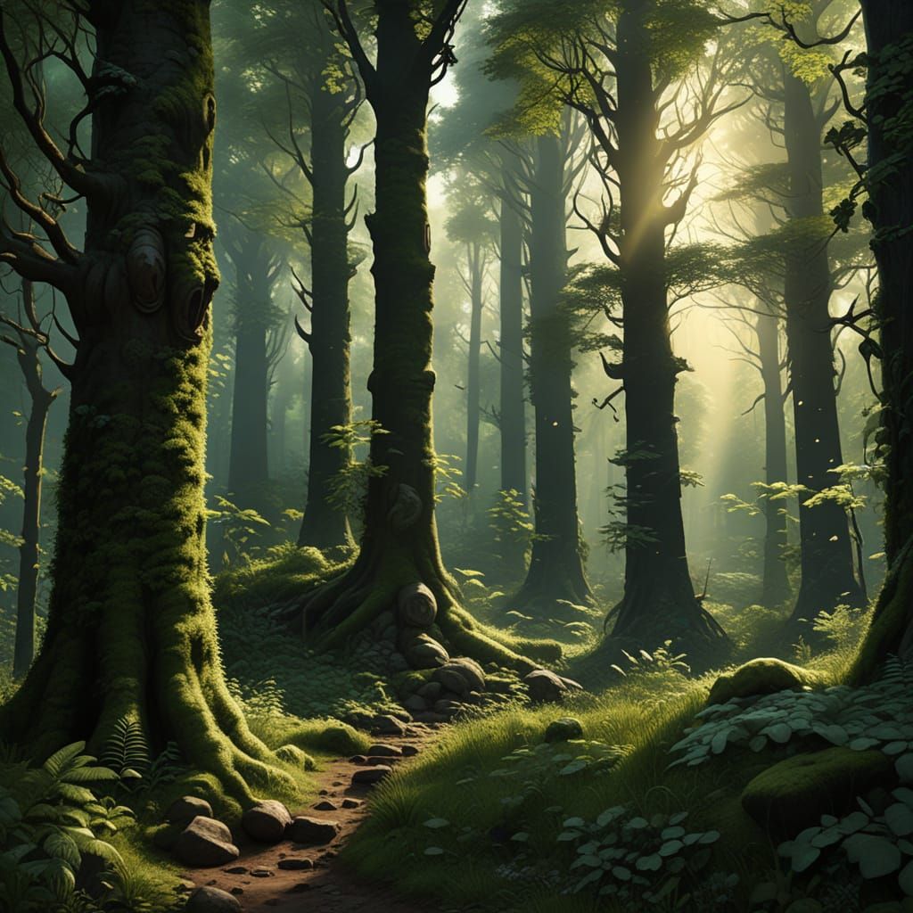 Verdant Forest Landscape with Wildlife Illustration