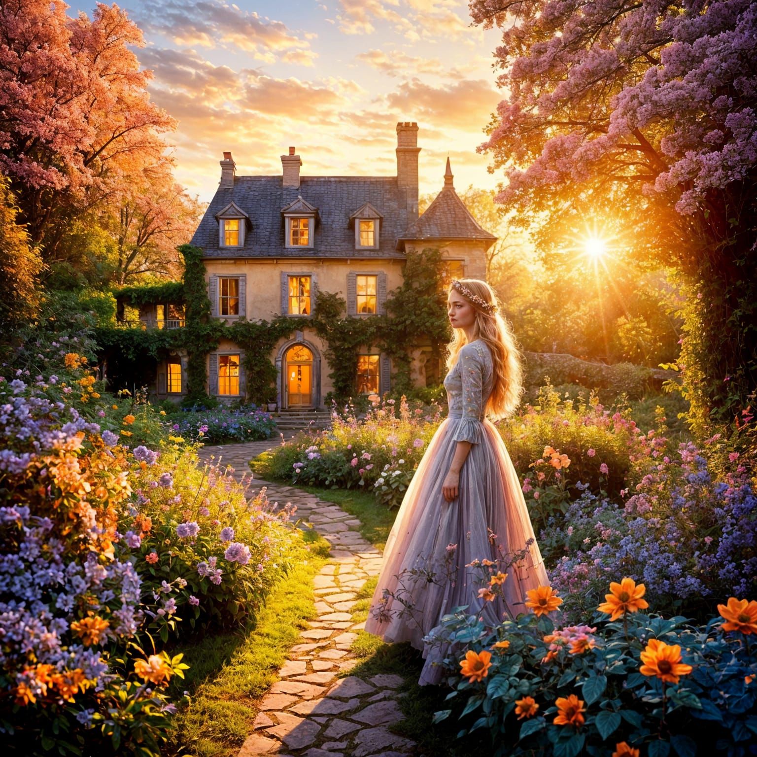 Whimsical Woman in Enchanting Floral Garden