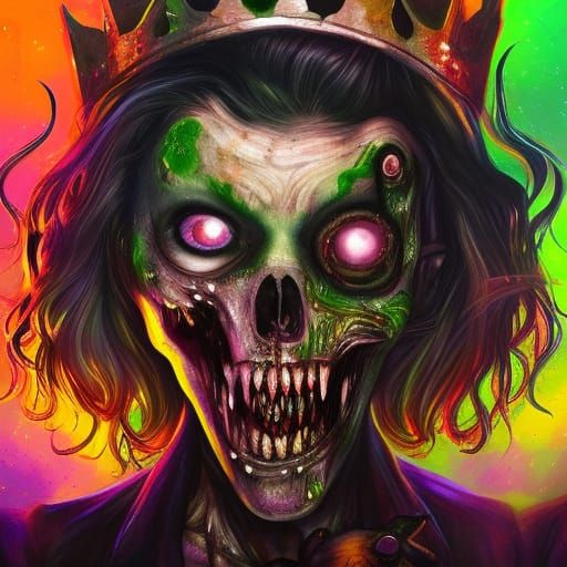 Hyperrealistic Zombie Queen with Dog in Splash Art Style