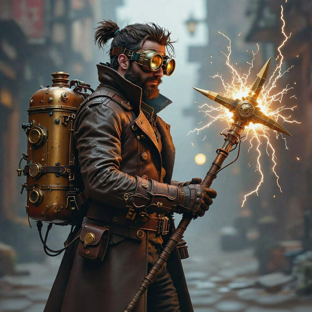 Steampunk Adventurer's Electrified Mace in Syd Mead Style
