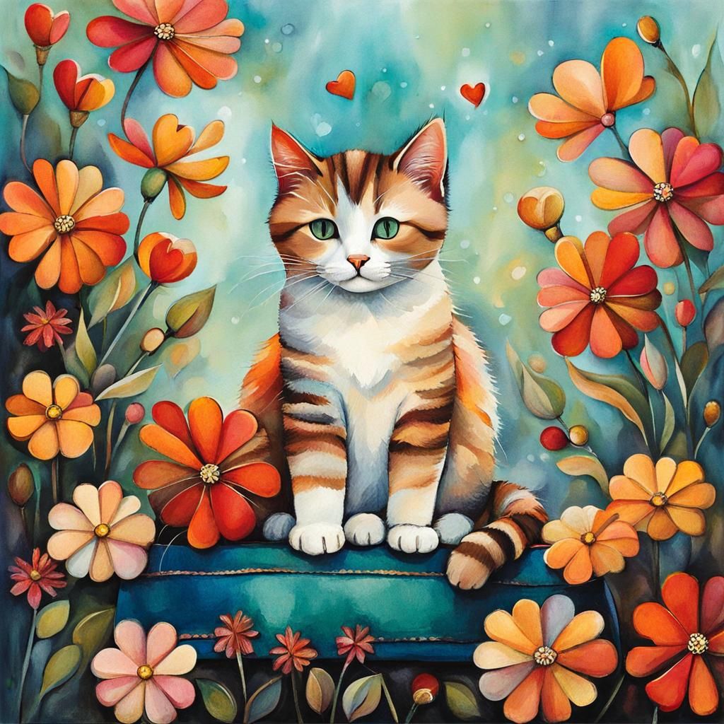 Cat Surrounded by Flowers in Dreamlike Surrealism