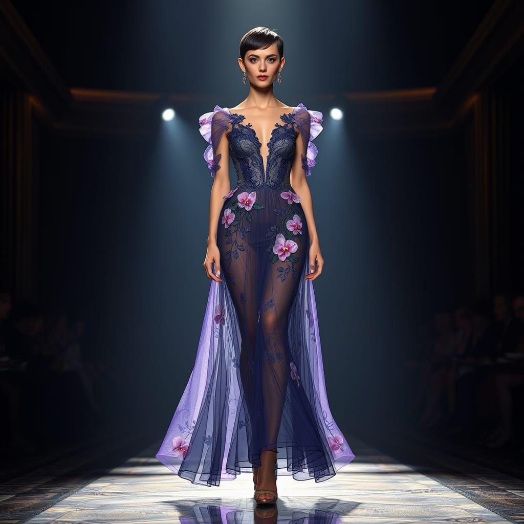 Supermodel in Orchid Gown on Catwalk, Art Nouveau Style