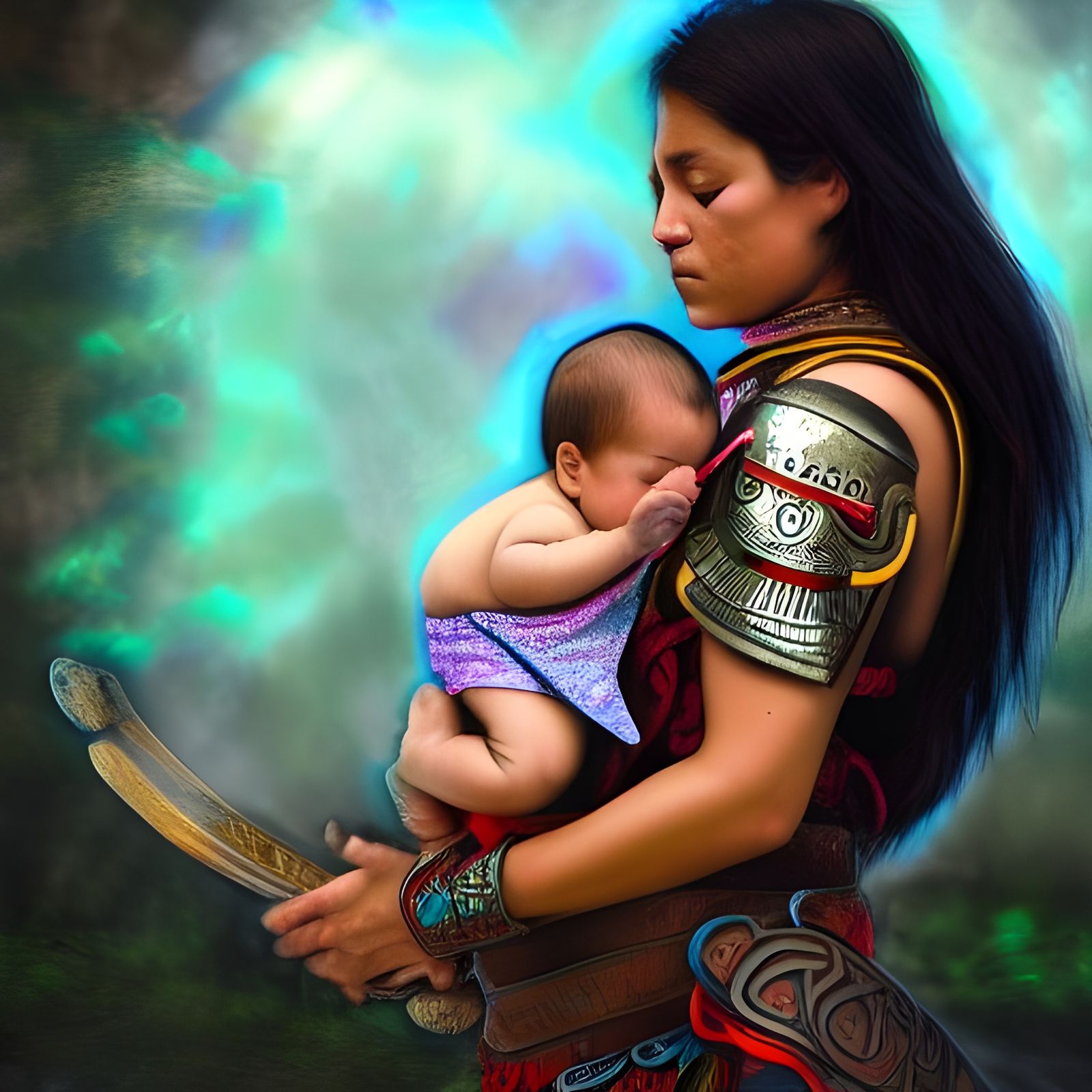 Aztec Warrior Mother in Battlefield, Cosmic Illustration