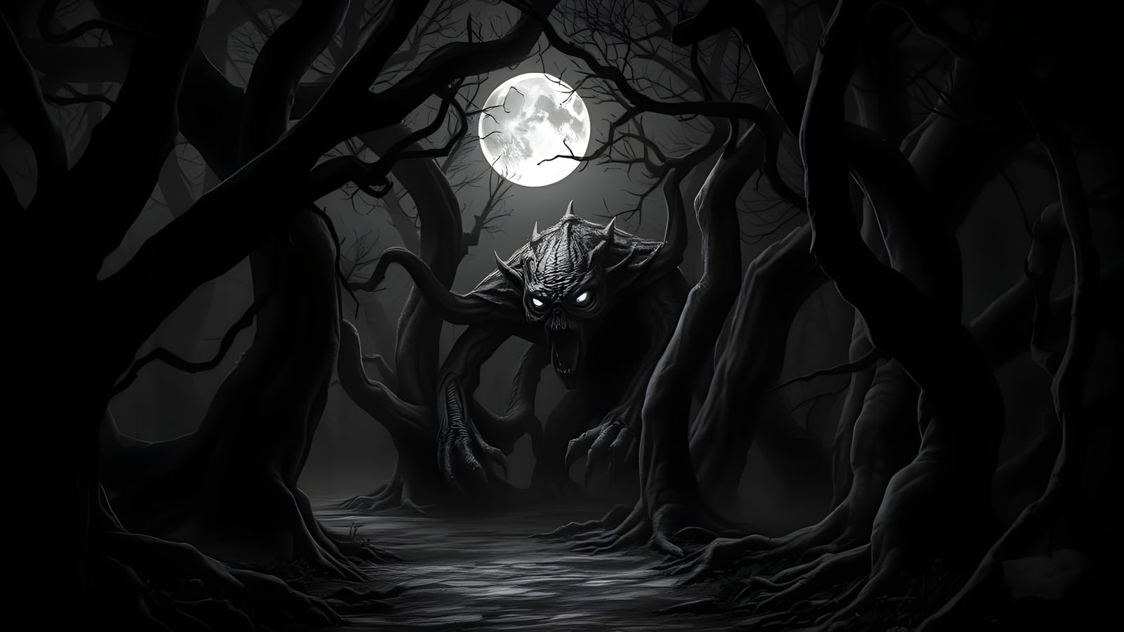 Vintage Horror: Grotesque Entity on Forest Path