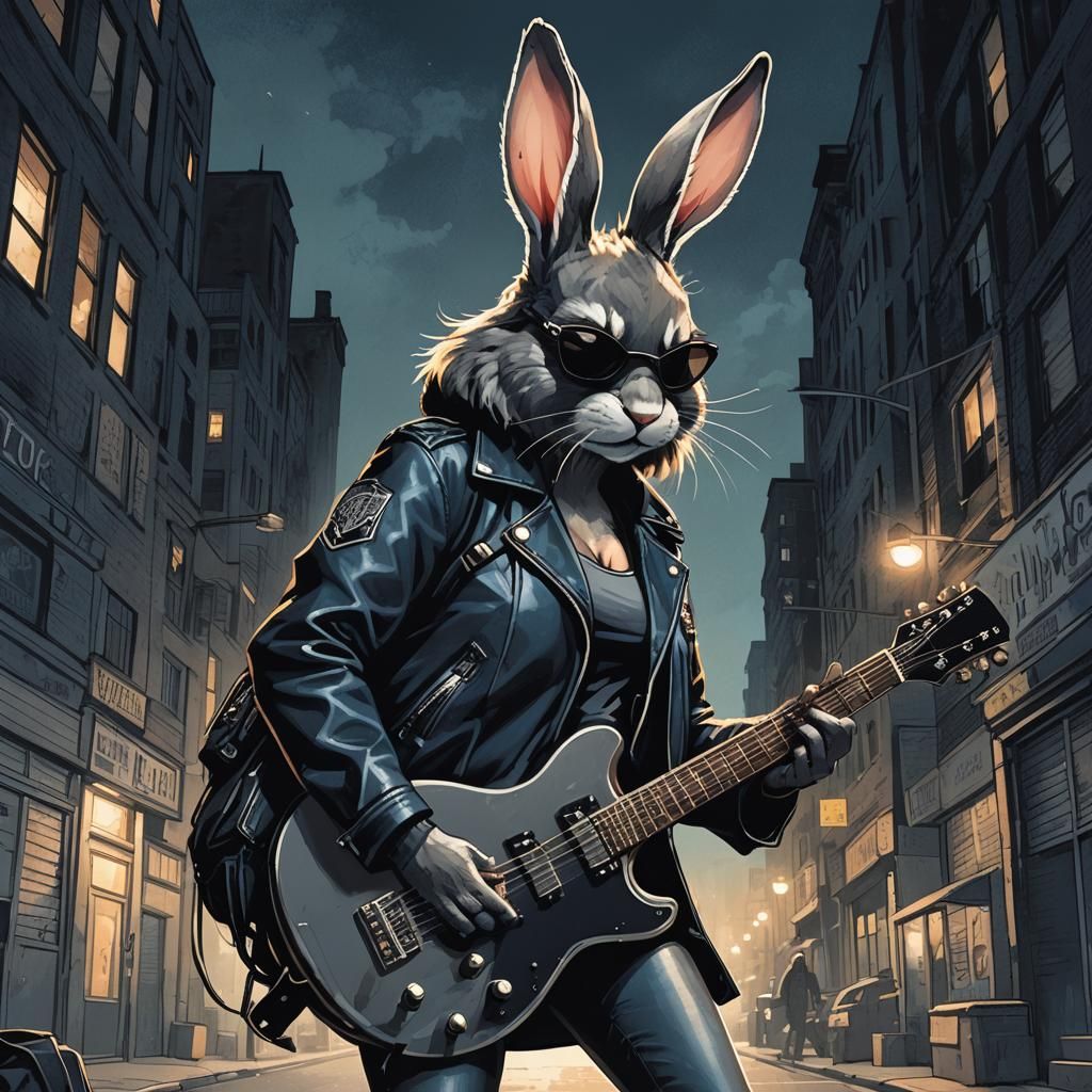 Female Bunny Indie Musician in Dark Comic Style