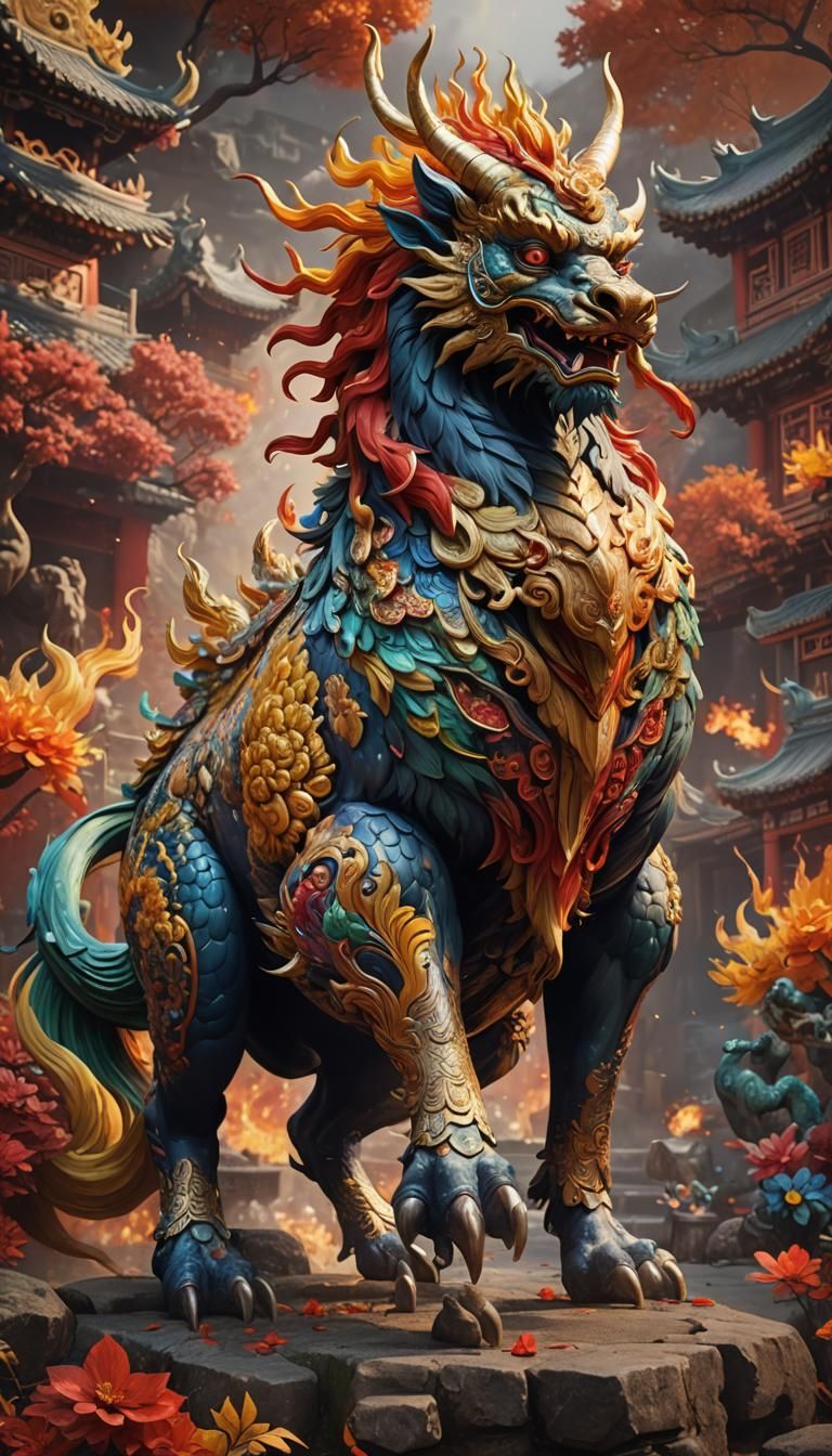 Vibrant Multi colorful full body size Chinese mythical beasts qilin 麒麟, beasts, The surrounding environment is full of f...