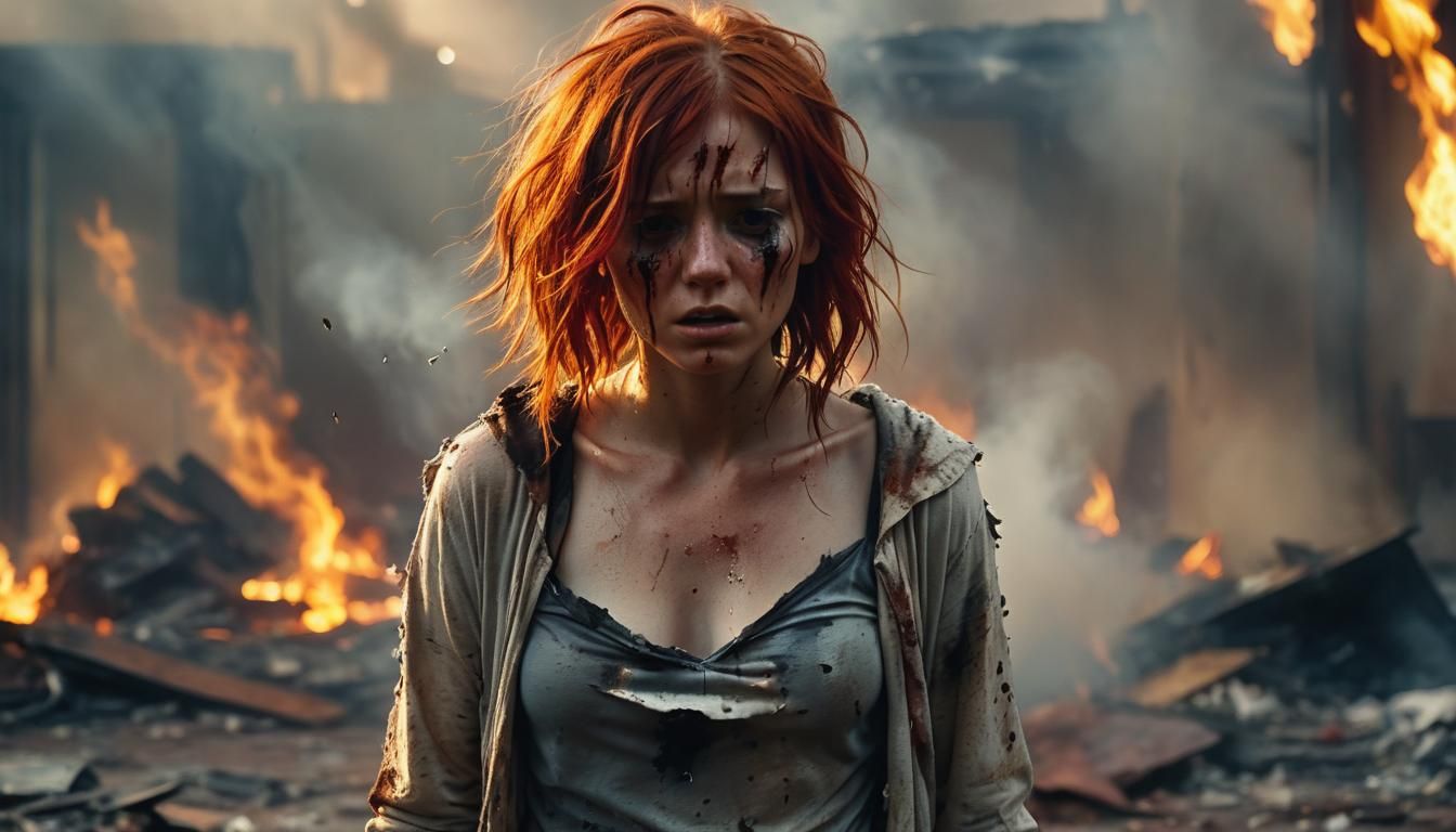 Cinematic Film Still: Woman in Tears Amidst Destruction