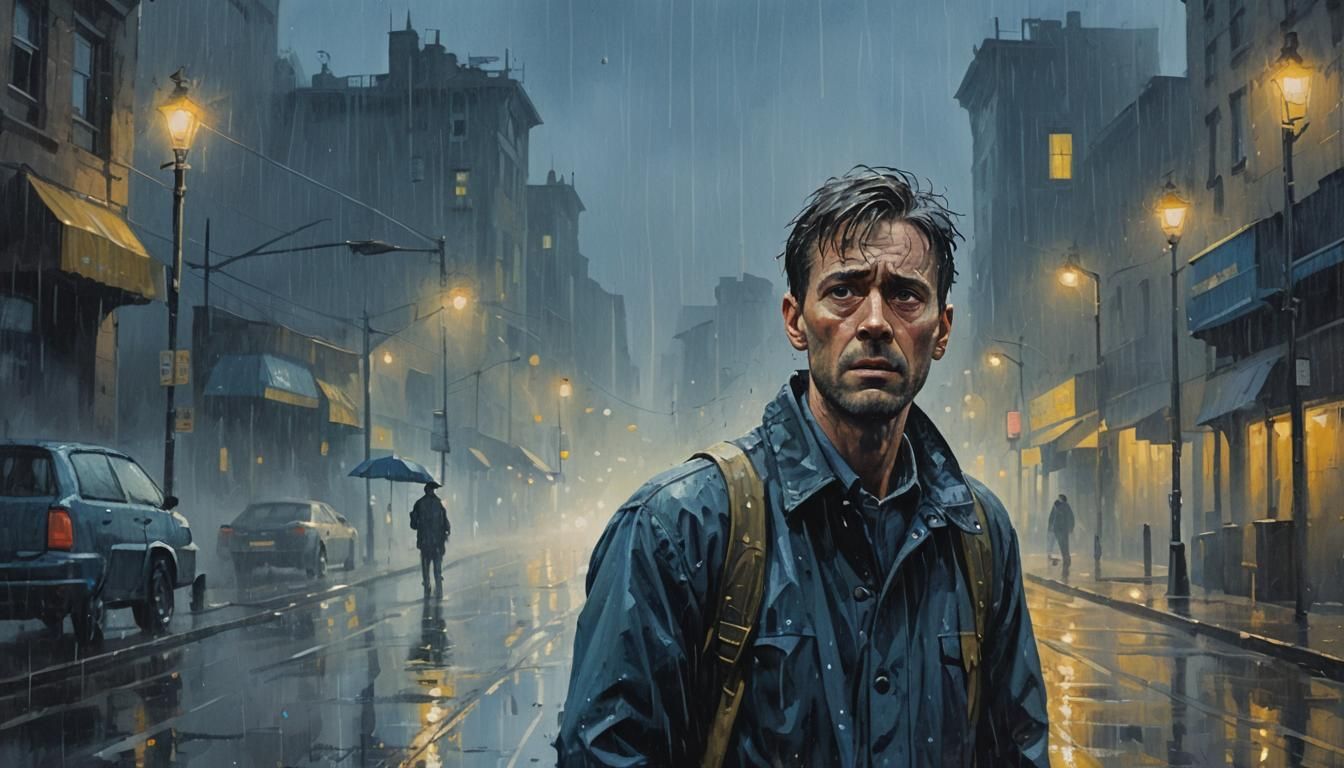 Terrified Man in Rain: Gouache Style Painting