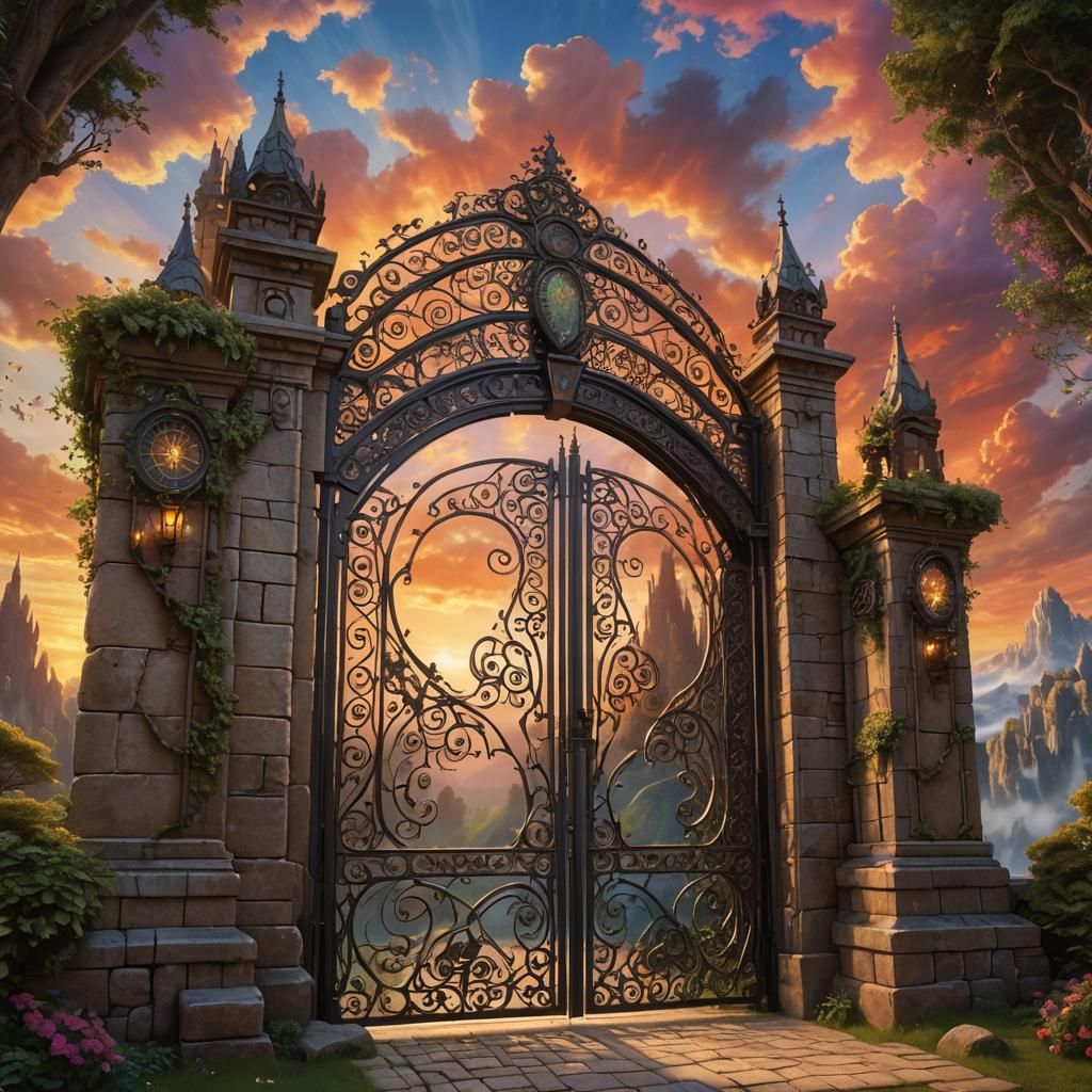 Colossal Gate with Intricate Ironwork at Sunset
