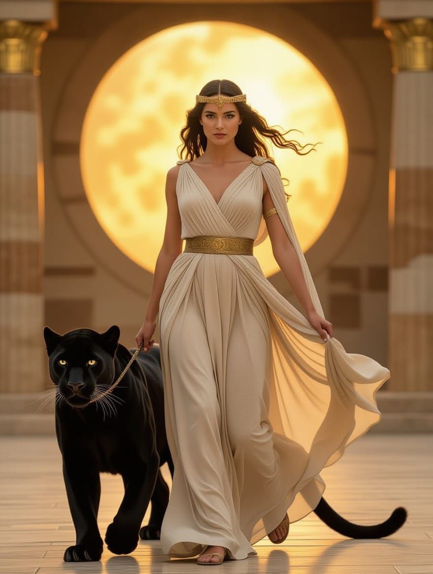 Ancient Greek Goddess Surrounded by Panther in Elegant Gaze