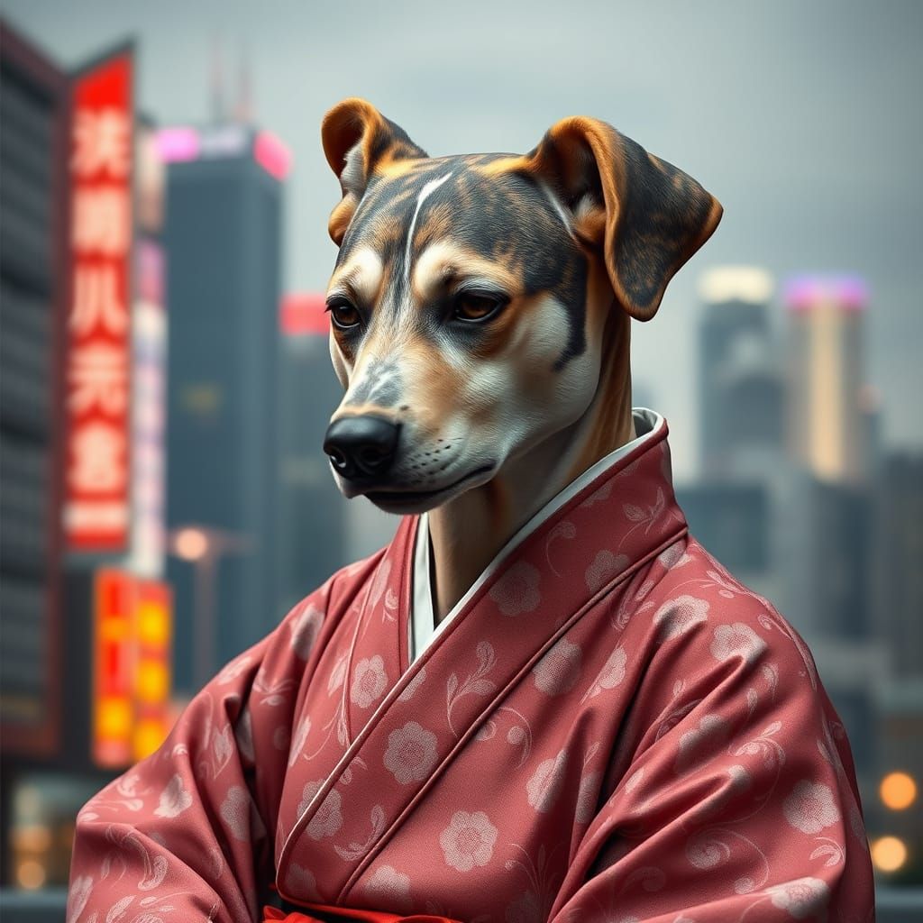 Korean Man with Greyhound Head in Sakura Kimono