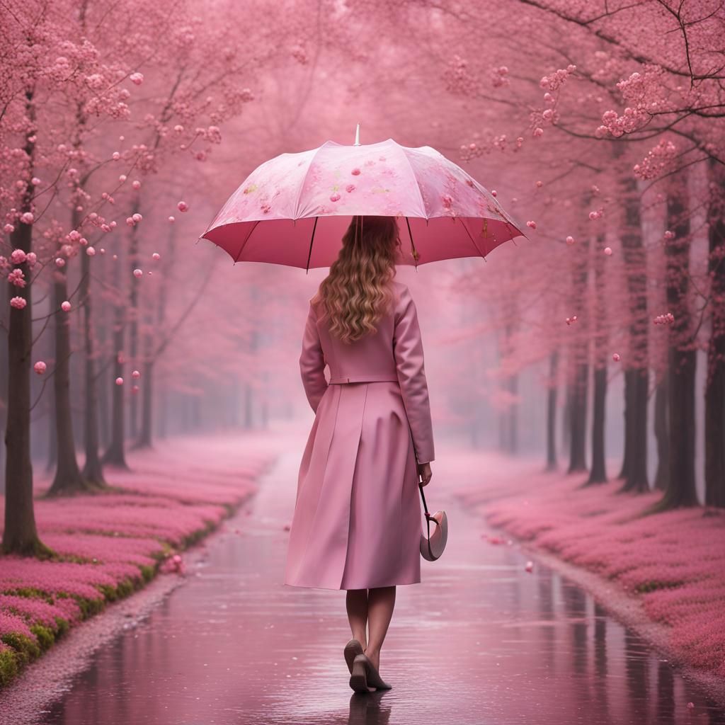 Golden Angel Blowing Bubbles in Pink Garden