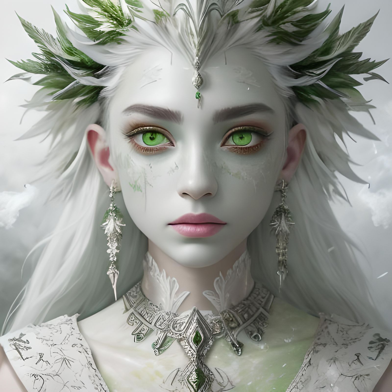 Mystical Green and White Portrait in Hyperrealistic Oil Pain...