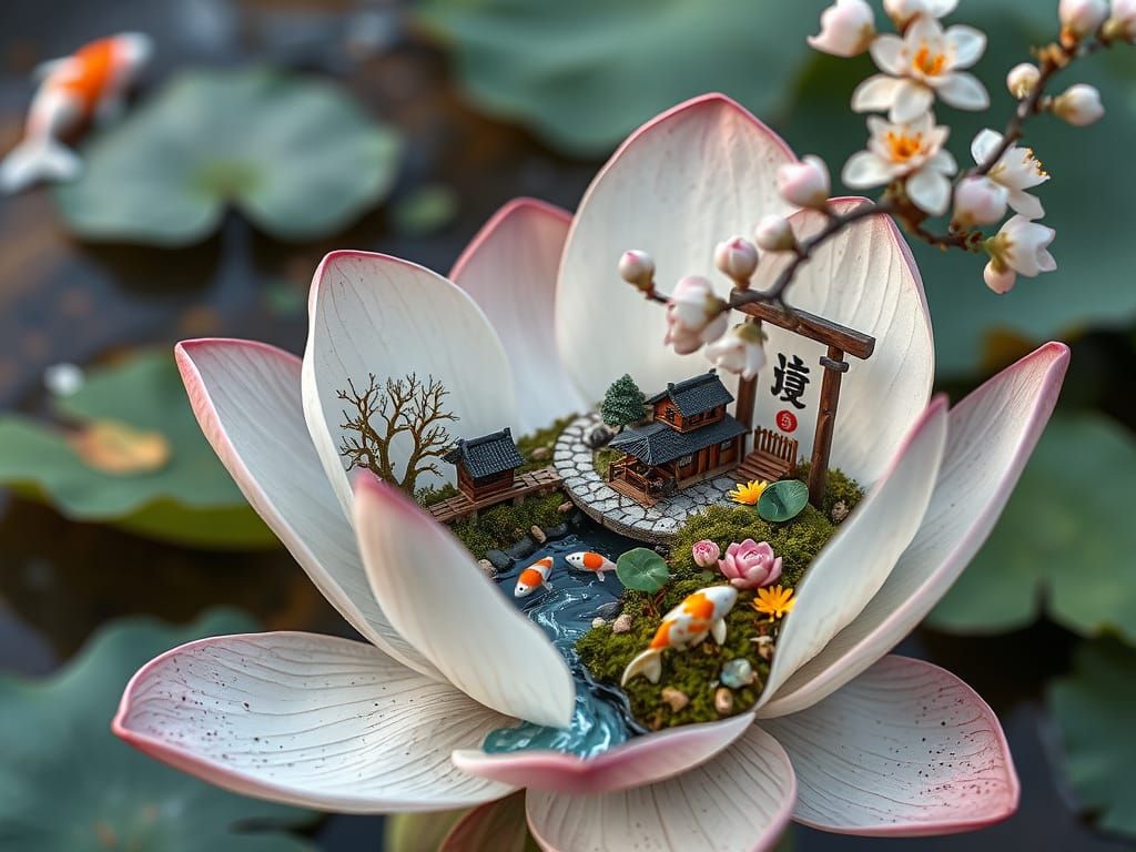 Miniature Japanese Village in Lotus Flower