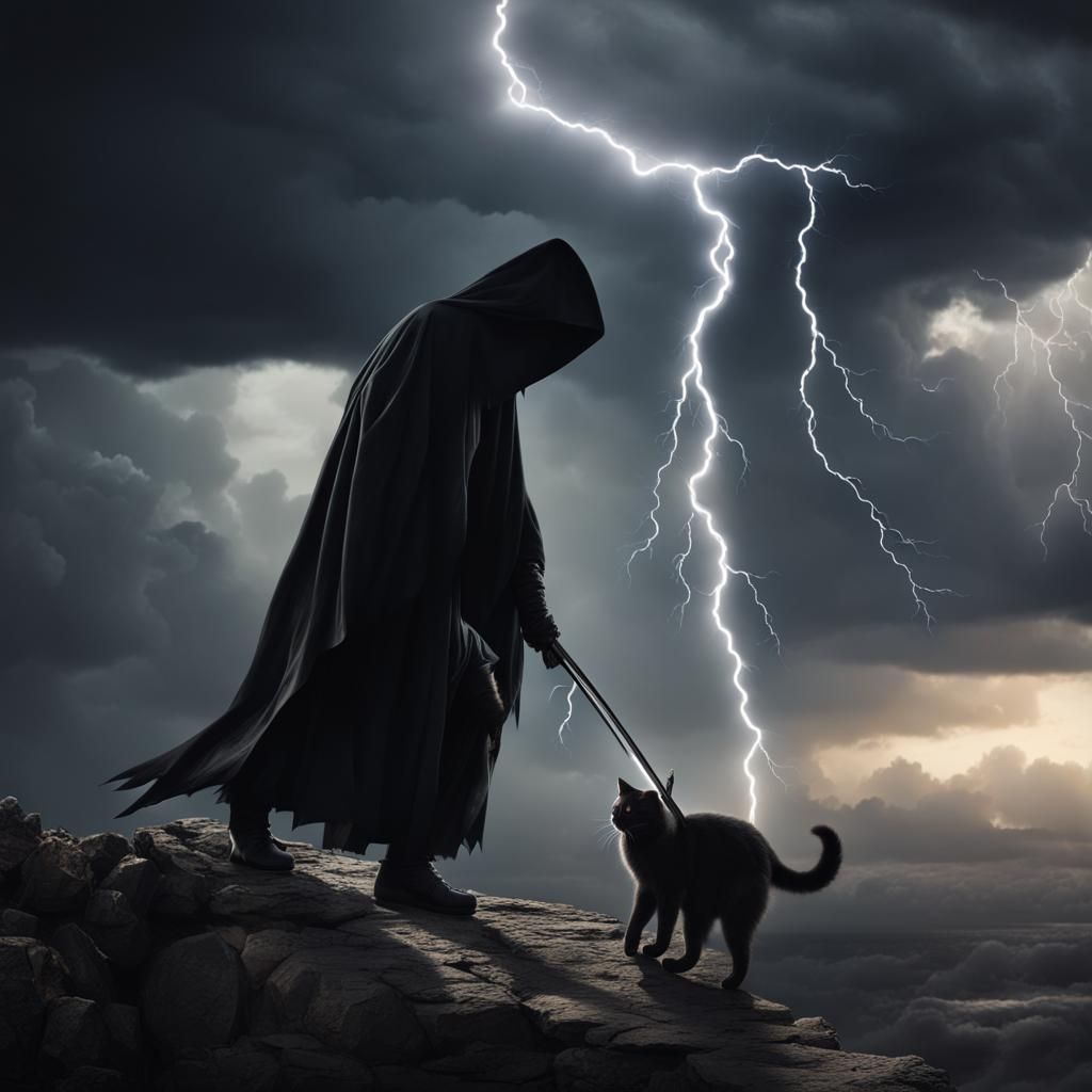 Grim Reaper Cat Walks Cliff in Lightning Storm