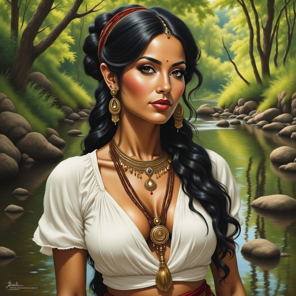 Gypsy Woman in a Sunlit Forest Oil Portrait