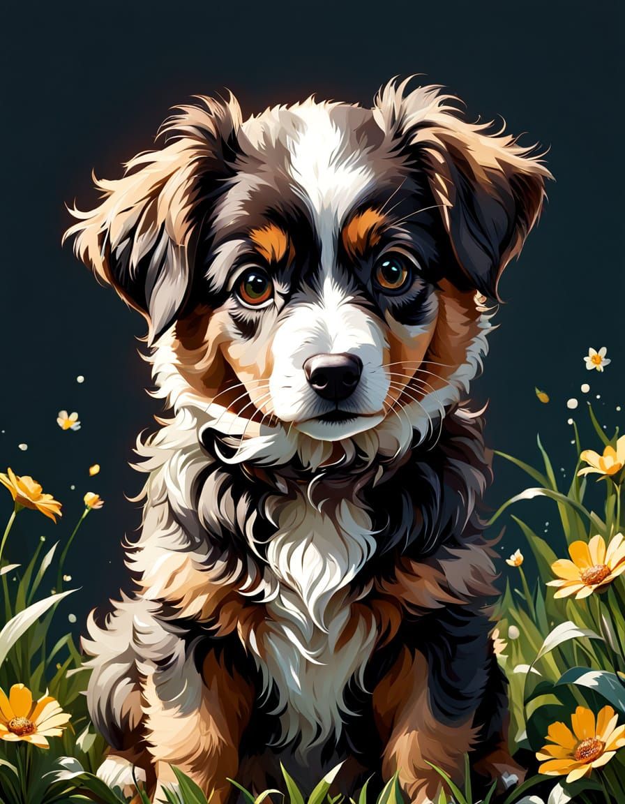 Floral Australian Shepherd Puppy in Springtime, Digital Pain...