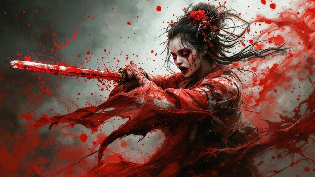 Zombie Geisha Sword Fight in Pointillism Style