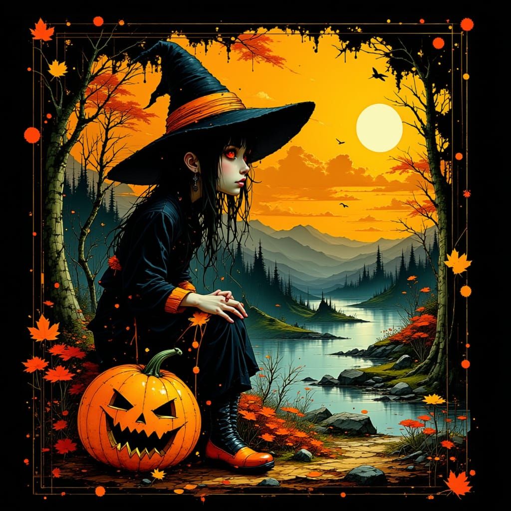 Witch by River with Angry Pumpkin in Bold Colors