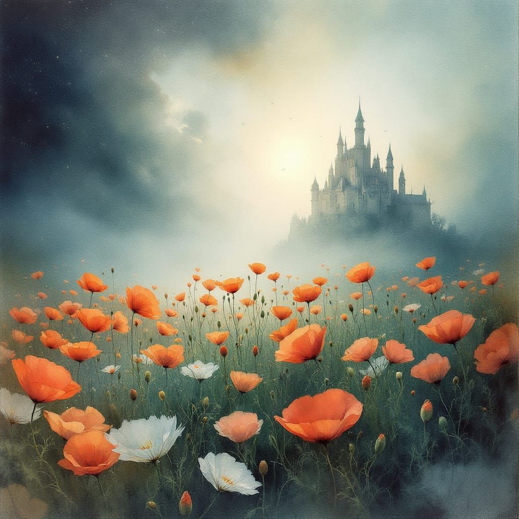 Ethereal Poppies and Castle in Watercolor