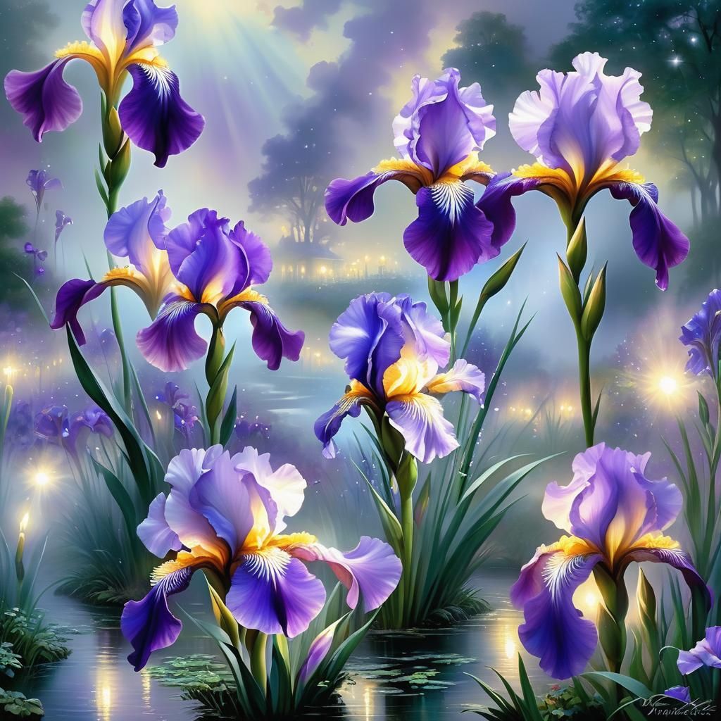 Luminescent Iris Flower in Starry Purple Light