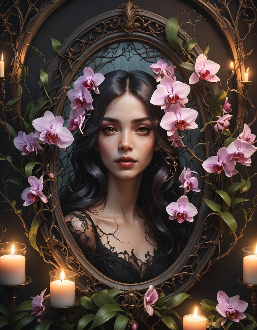 Orchid Vines Entwined Around Gothic Frame, Hyperdetailed Art
