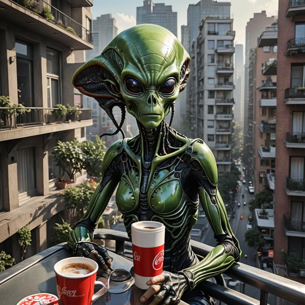 Alien Woman Visits Balcony for Coffee: Hyperrealistic Art