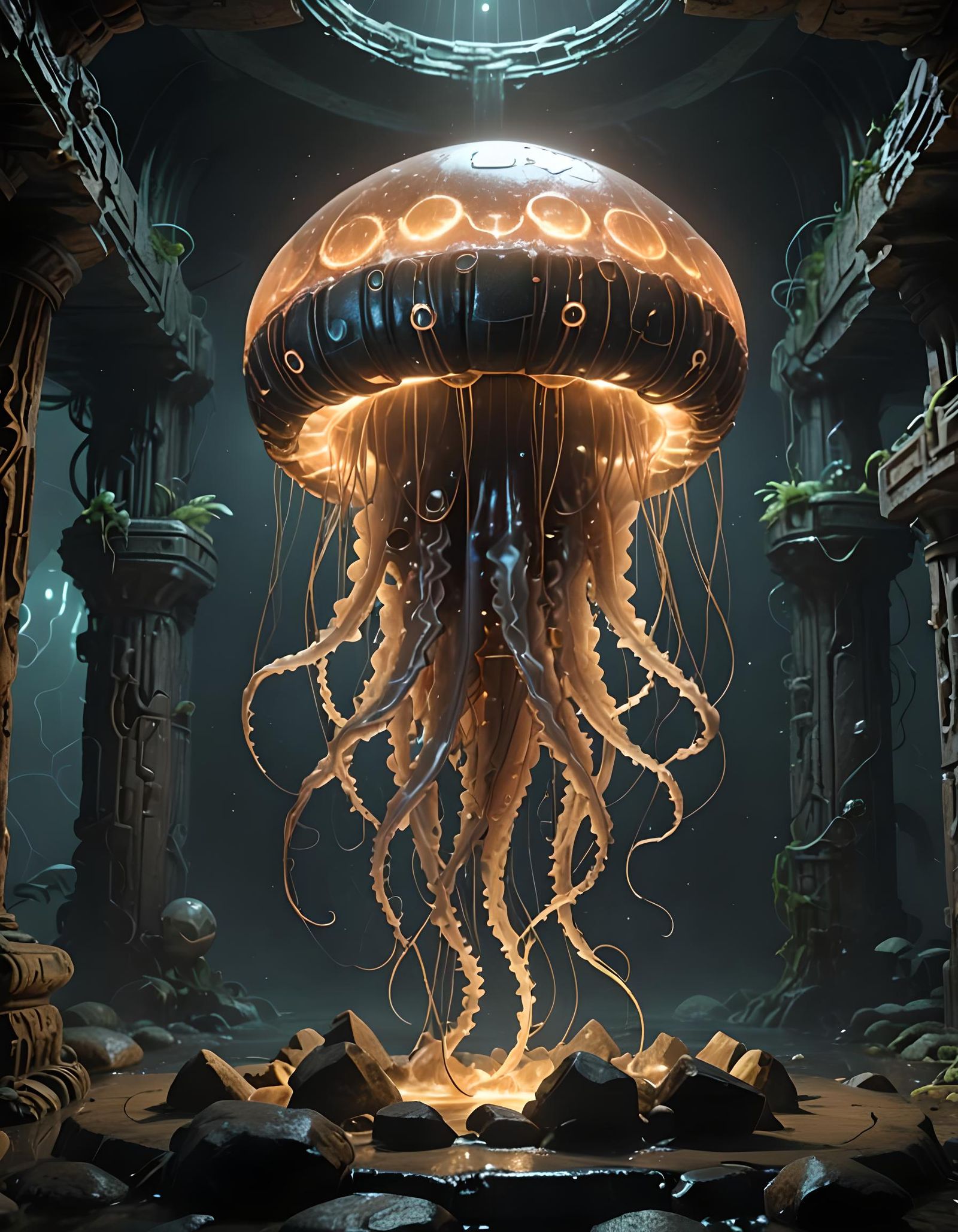 A sickly glowing armored alien jellyfish monster floating in...
