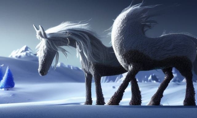 Winter Pony in Snowy Mountains: Digital Matte Painting