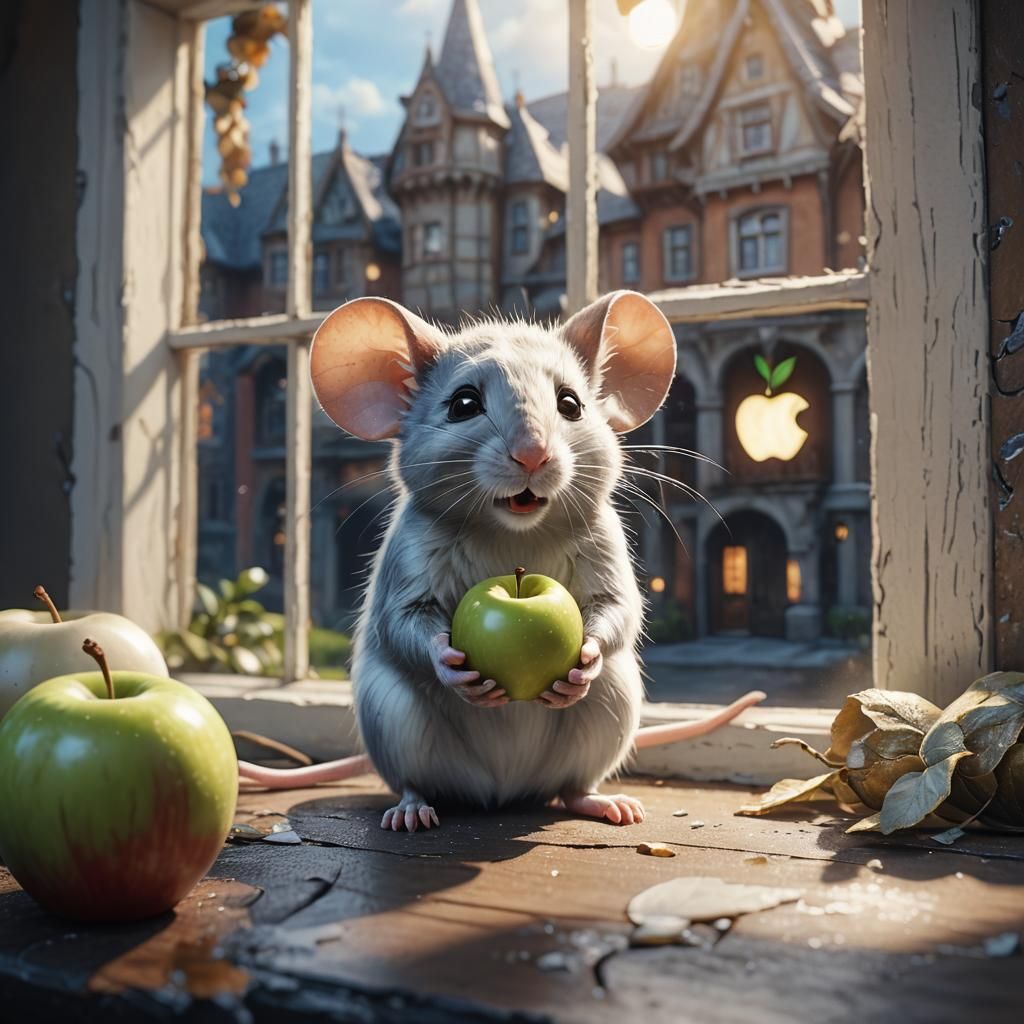 Painted Mouse Eating Apple in Fantasy Style