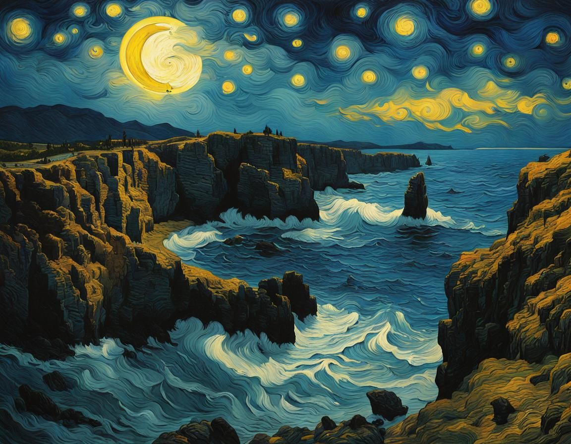 Starry Night Gothic Seascape in Impasto Style