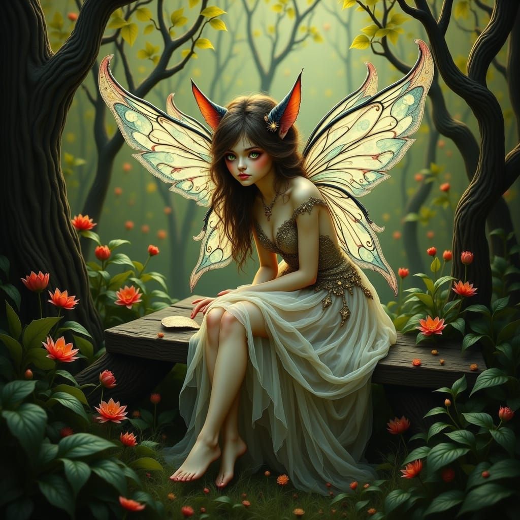 Cat Fairy on Bench in Ethereal Style