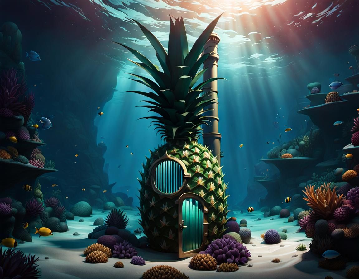 Hyperrealistic Pineapple House at the Bottom of the Ocean