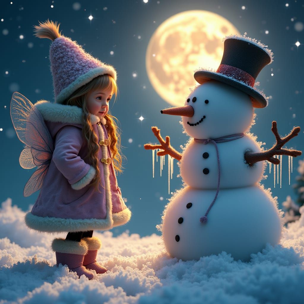 Fairy Girl and Snowman Under Starry Night, Digital Matte Pai...