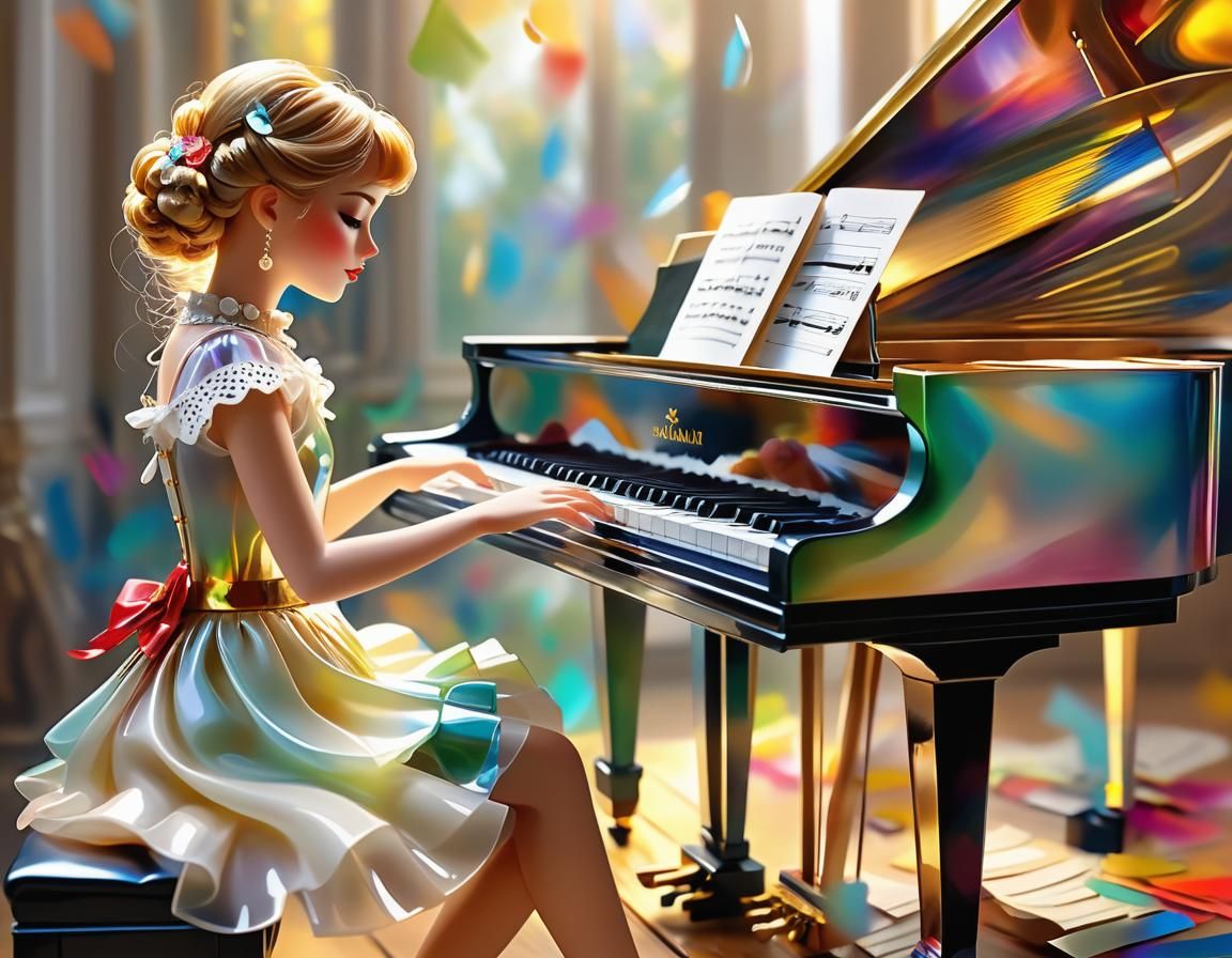 Plastic Doll Girl Plays Piano in Process Art Style