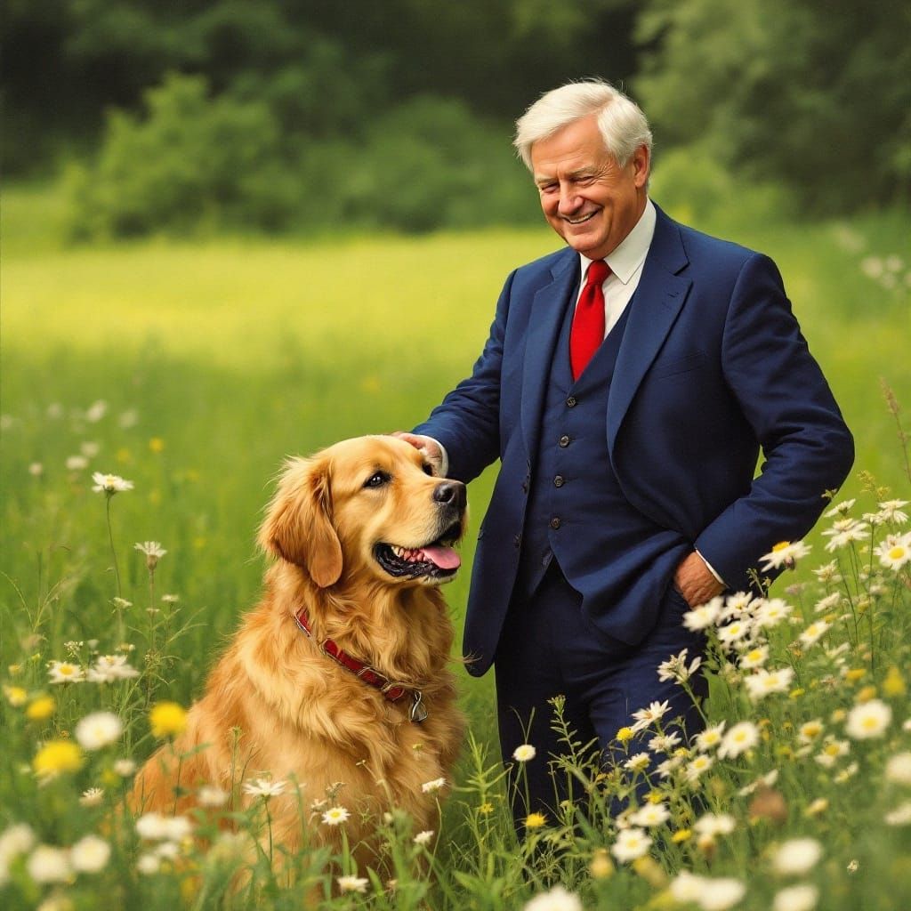 Welsh Politician and Golden Retriever in Folk Art Style