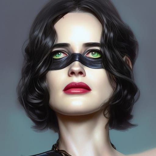 Green Eyed Catwoman Portrait in Hyperdetailed Style