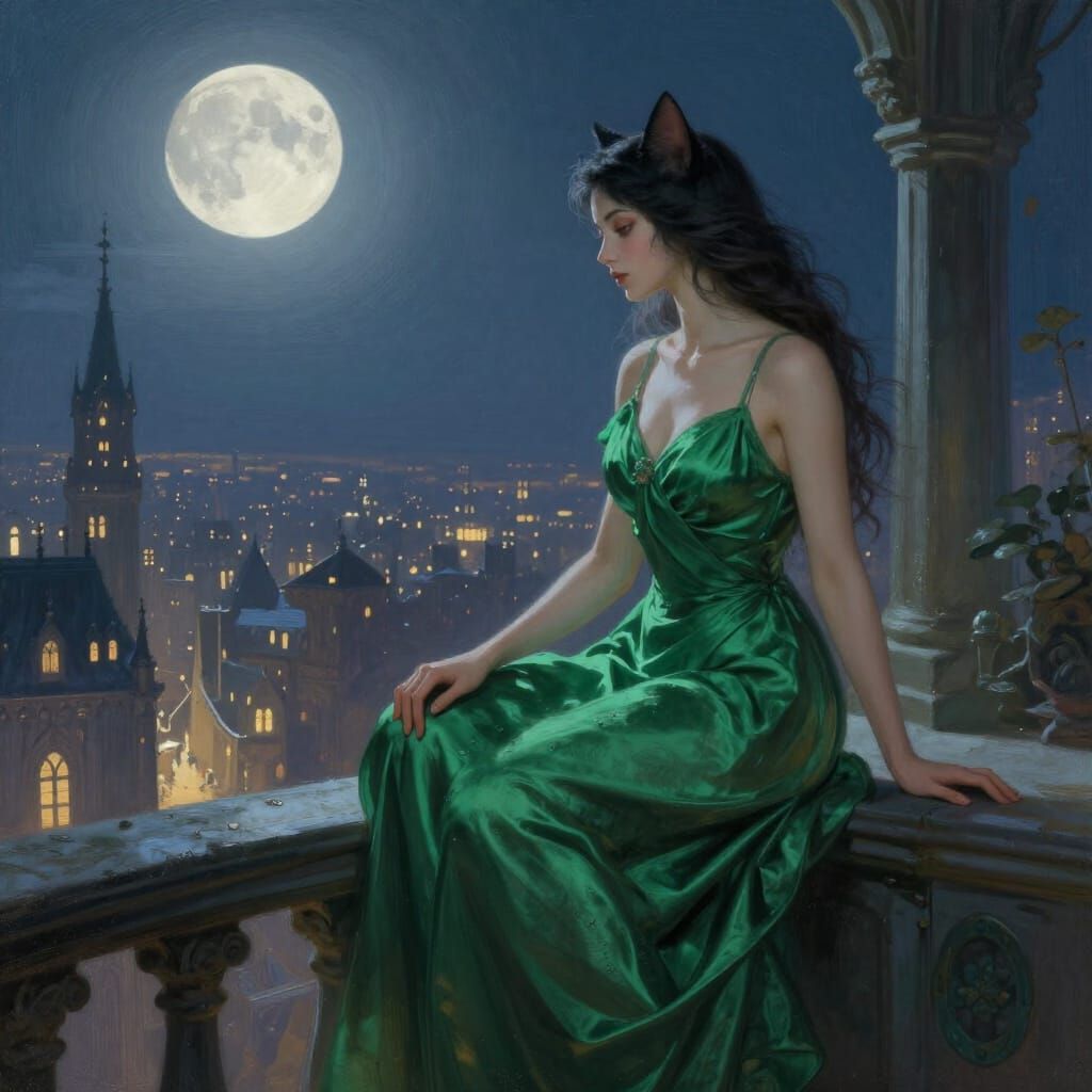 Cat Woman in Emerald Gown on Moonlit Balcony