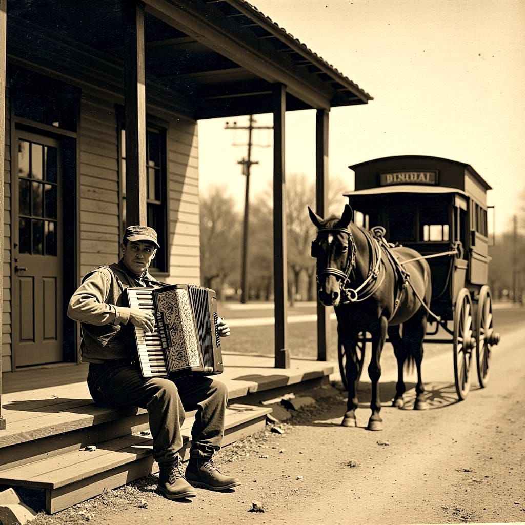 1908 Depot Scene with Accordion Player and Stagecoach