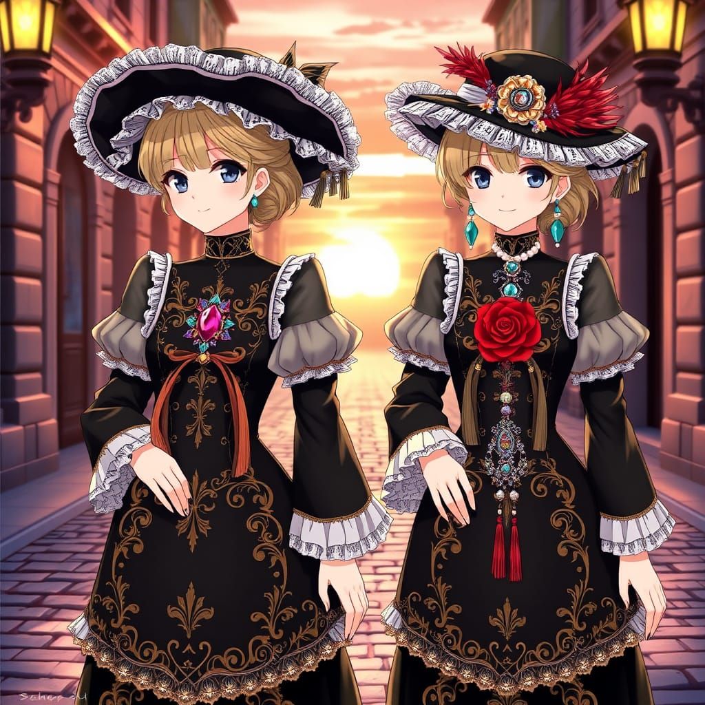 Victorian Ladies in Ornate Gowns: Digital Illustration