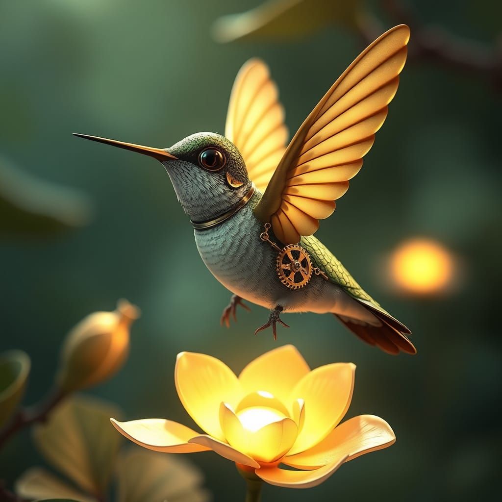 Steampunk Hummingbird and Bioluminescent Flower
