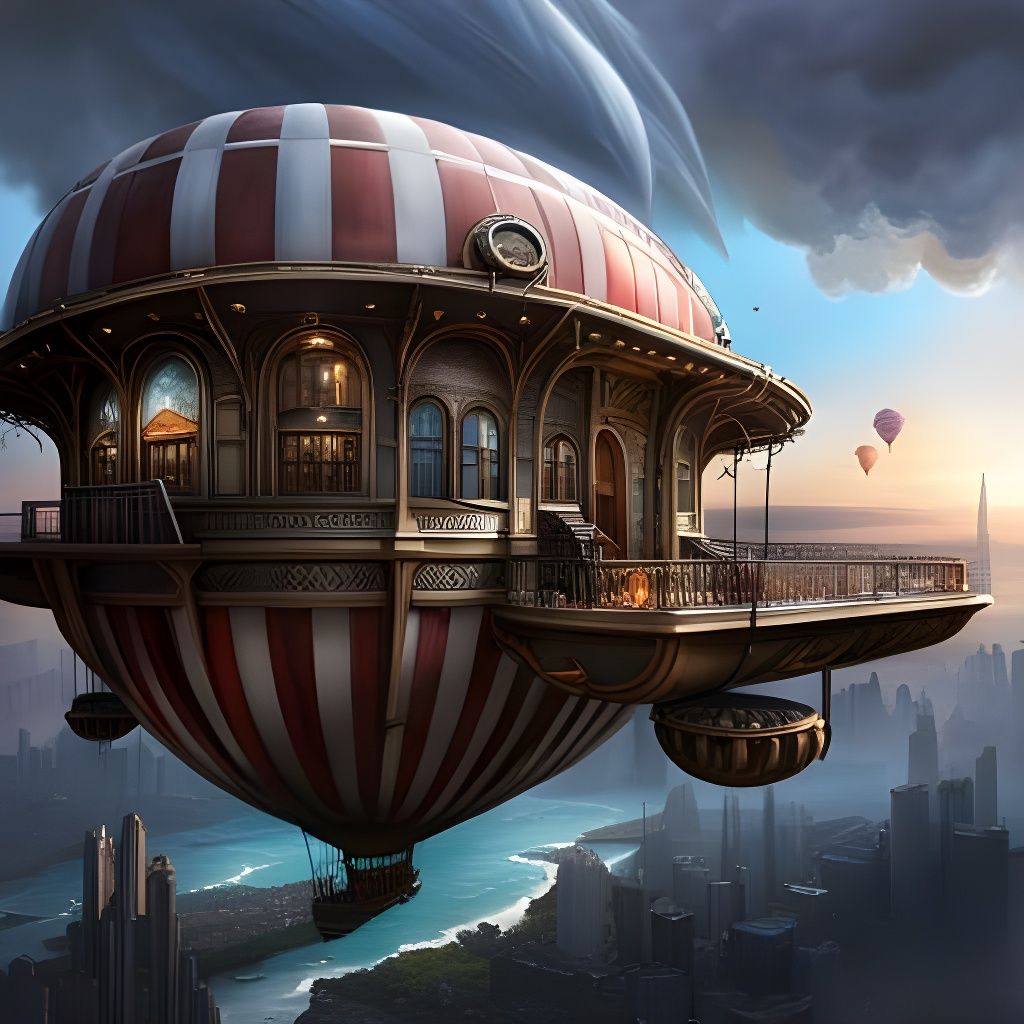 Steampunk Flying House with Dirigible Elements