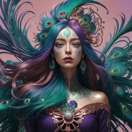 Surreal Mermaid Portrait with Peacock Feathers