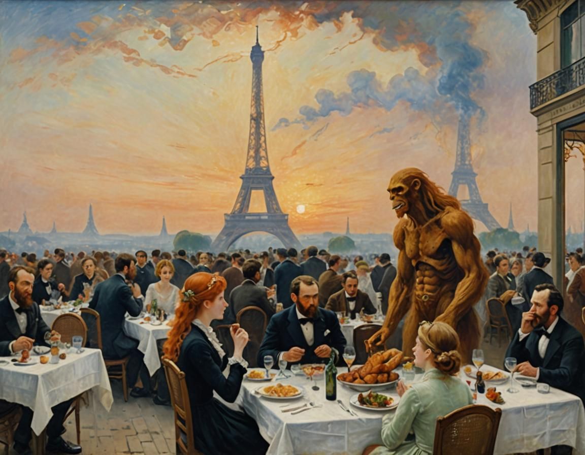 Apocalyptic Parisian Dining: Impressionistic Titan Attack