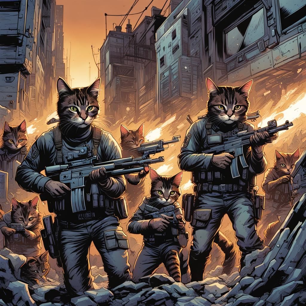 Cat Army with Guns in Comic Book Style