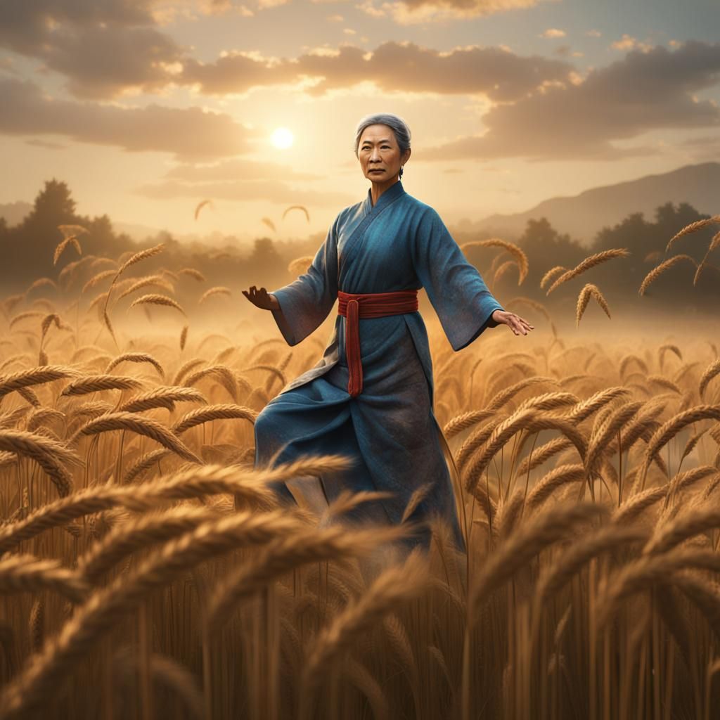 Asian Woman Practicing Tai Chi in Wheat Field